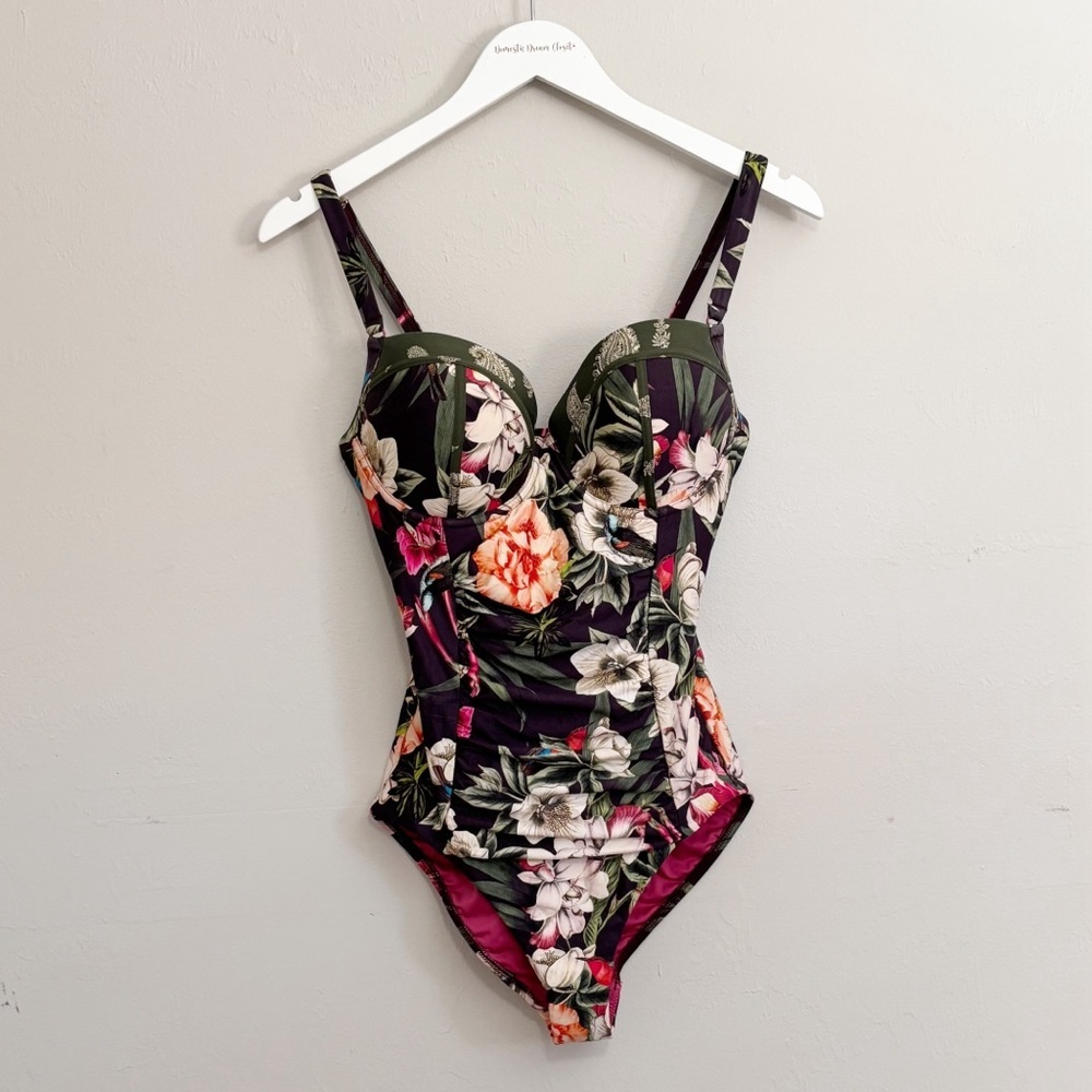 Floral Underwire One-Piece Swimsuit in Black and Green